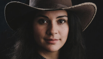 A warm close up portrait of an younger woman wearing a cowboy hat - dark background, shallow depth of field - portraits of real people - an intimate portrait of a midwestern woman