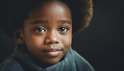 A sweet close up portrait of a black boy with green eyes, dark background, shallow depth of field - portraits of real people authenticity; children of earth - obrazy, fototapety, plakaty