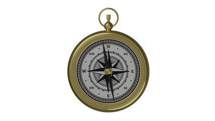 Golden antique pocket compass isolated on transparent and white background. Navigation concept. 3D render