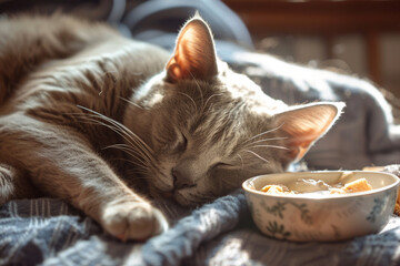 A snoozing Chartreux, with a half-eaten bowl of creamy cat delicacies beside it, capturing a moment of peaceful indulgence in a soft, warm light. - Powered by Adobe
