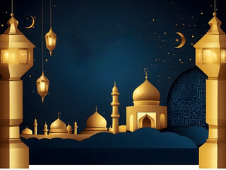 Islamic concept poster for Ramadan Kareem or Eid al Adha celebration, featuring a Muslim Mosque design and an Arabic lantern design on a dark blue background.