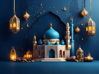 Islamic concept poster for Ramadan Kareem or Eid al Adha celebration, featuring a Muslim Mosque design and an Arabic lantern design on a dark blue background.