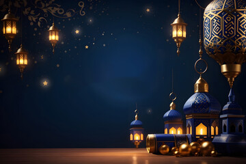 Islamic concept poster for Ramadan Kareem or Eid al Adha celebration, featuring a Muslim Mosque design and an Arabic lantern design on a dark blue background.