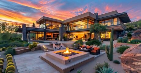 Modern Arizona Mansion at sunset with fire pit, seating area, lush gardens and spacious patio.