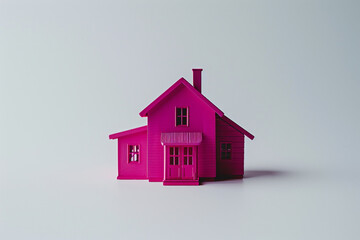 A vibrant magenta miniature house, standing out boldly against a stark white background, adding a touch of whimsy.