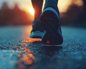 Embrace the dawn with a close-up of running shoes stepping into the first light, a fresh start to your fitness journey. - obrazy, fototapety, plakaty