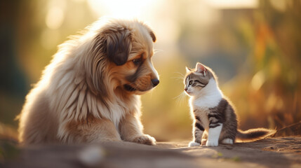 dog and cat looking each other in garden with sunlight