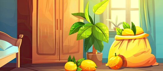 A bedroom with a bed, a houseplant, a bag of lemons, and a window overlooking a tree filled with yellow fruit