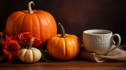 pumpkin on a wooden table and tea cup with black background