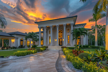 Exquisite exterior of a grand luxury home with lush landscaping, leading to a magnificent front...