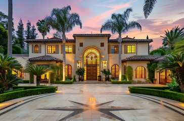 Luxurious mediterranean architecture mansion at sunset with grand entrance, palm trees, and elegant courtyard in Beverly Hills
