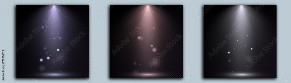 Poster Set of background with stage spotlight light. Stage with lighting effect for presentation, illuminated by spotlights. Vector illustration.