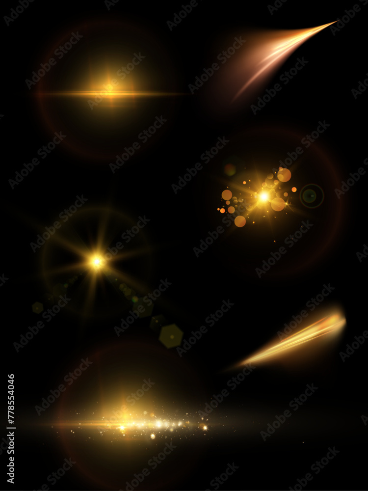 Poster set of abstract light effects on a black background. golden glow of bright highlights. golden refrac