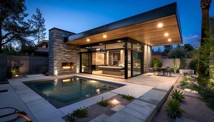 Luxurious Las Vegas backyard: Nighttime pool and patio area. Modern grey stone and tan wood home with light-up windows. Covered porch, Corner lot with tall trees, fireplace and sleek outdoor lighting.