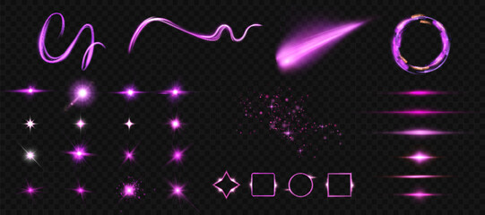 Set of purple light effects shining frames, vector swirl light lines, horizontal light lines. Vector