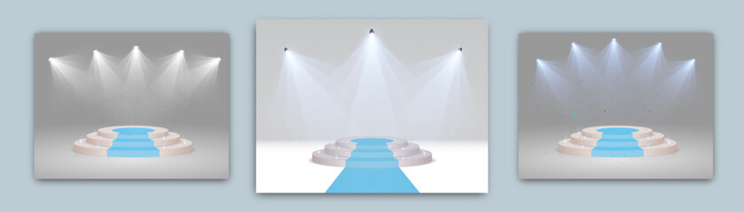 Set of vector pedestals PNG. Pedestal with a bright spotlight. Podium for advertising, podium for products. PNG. Background of a round podium illuminated by spotlights.