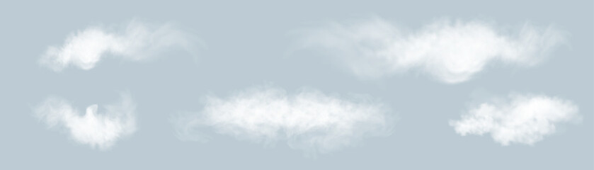 Set of steam effects, special smoke effect. Vector texture of steam, fog, clouds, smoke on a sky background.