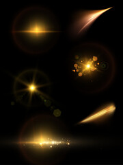Set of abstract light effects on a black background. Golden glow of bright highlights. Golden refraction of light. Vector