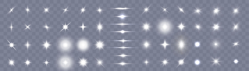 Set of abstract light effects of stars and horizontal lines isolated on transparent background. The radiance of bright highlights. Transparent refraction of light. Vector - obrazy, fototapety, plakaty