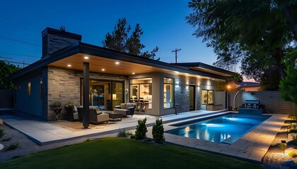 Luxurious Las Vegas backyard: Nighttime pool and patio area. Modern grey stone and tan wood home with light-up windows. Covered porch, Corner lot with tall trees, fireplace and sleek outdoor lighting.