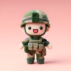 Ai Generated Crochet doll Army cute excited funny smiling wearing uniform and equipment, is standing. 3d render