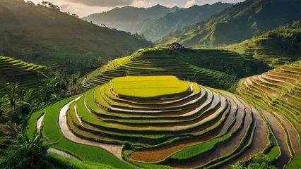 Foto op Aluminium Rijstvelden A magnificent landscape unfolds as terraced rice fields cascade down the mountainside.