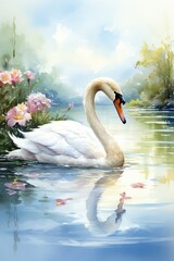 swan on the water, An elegant swan floats on a tranquil lake, its reflection a blur of watercolors, merging seamlessly with the lilies