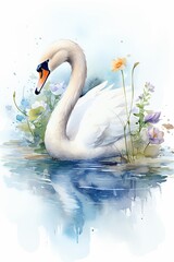 swan on the lake, An elegant swan floats on a tranquil lake, its reflection a blur of watercolors, merging seamlessly with the lilies 