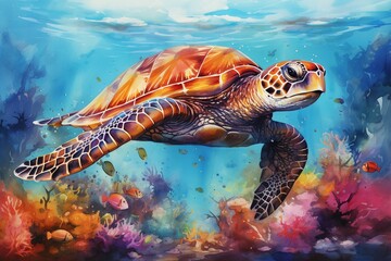 sea turtle swimming, An underwater watercolor scene, where dolphins swim amidst coral reefs, the water a translucent veil of color - obrazy, fototapety, plakaty