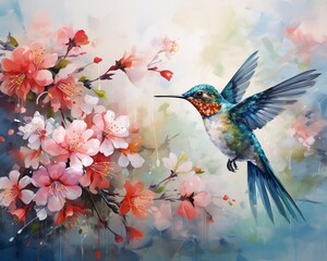 bird and flowers, A garden full of hummingbirds and butterflies, their movements captured in delicate watercolor splashes 