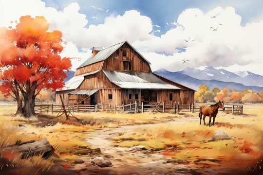 An old barn surrounded by autumn leaves, where horses peek out from the doors, painted in a palette of watercolor oranges and reds 