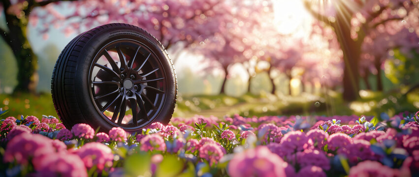 The car wheel is placed on the blooming cherry blossom meadow, with spring flowers in full bloom. The sun shines brightly through the trees and illuminates the pink clover field 