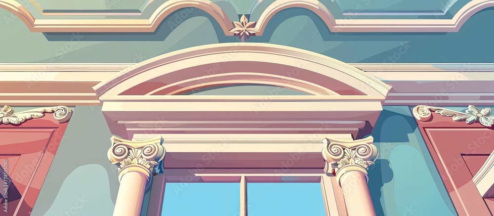 Poster a close up of a purple building facade with a window and columns in violet and magenta. the symmetry