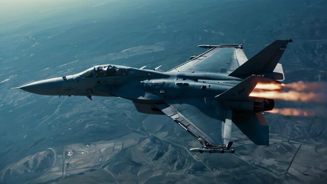 Airborne military combat aircraft fighter with weapons. Modern Aviation and Air Force