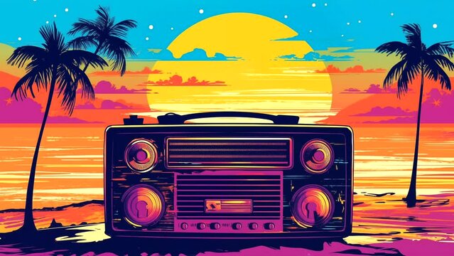 A Radio in the window with sunset view, for music background. seamless looping 4k time-lapse animation video background