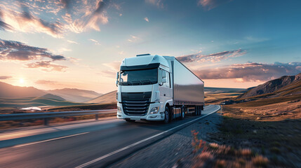 Truck driving on the  road in rural landscape. - obrazy, fototapety, plakaty