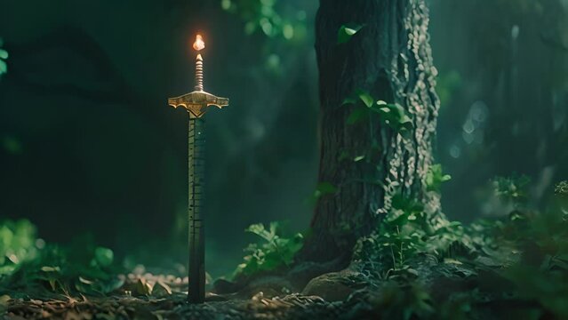 Enchanted Sword in Mystical Forest Setting with Ai generated.

