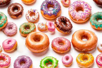 Realistic photo of delicious American donut on a white background. Colorful donuts, shiny glaze and tempting toppings. AI Generated
