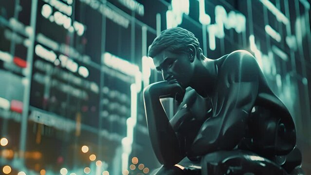 The Thinker Statue Contemplating Stock Market Data with Ai generated.
