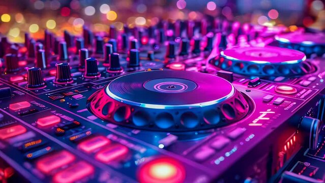 Close up of dj hands playing music on mixer console at nightclub
