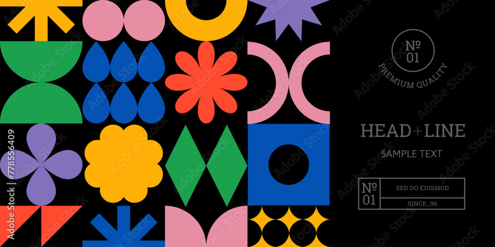 Leinwandbilder Abstract Simple Minimalist Banner with Colorful Geometric Shapes. Vector Poster with Various Geometric Graphic. Modern Pattern with Stars, Flowers and Doodle Shapes