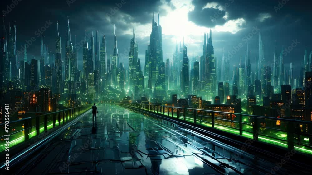 Poster abstract futiristiv city on a microcircuit background. electronic circuit board and a big data digit