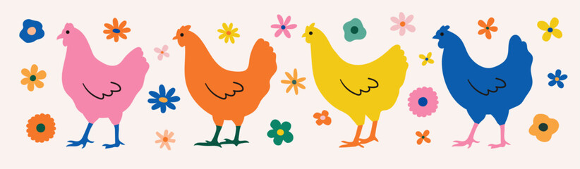 A set of colorful chickens. Colorful flat cartoon illustration