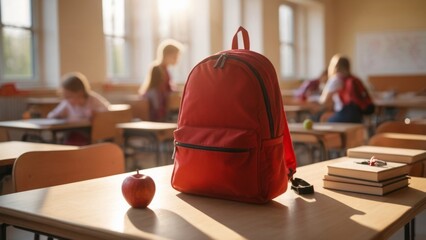 Red backpack in a classroom  - Powered by Adobe