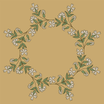 Round floral frame with blooming branches. Wreath of white wildflowers with green foliage on yellow background. Siléne vulgáris.