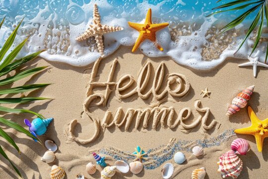 Sandy beach with handwritten "Hello Summer" surrounded by colorful starfish and seashells