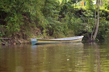 Obraz premium Boat moored on the bank of the river near Puerto Bolivar in the Cuyabeno Wildlife Reserve, outside of Lago Agrio, Ecuador