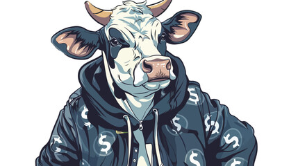 Cartoon of cash cow with dollar signs on her coat.