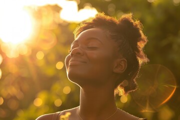 Young African American Woman Basking in the Warmth of Sunlight at Dusk