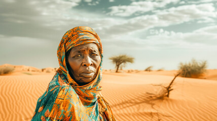 Portrait of Woman Against Cracked Earth in Drought-Stricken Region. Facing Environmental Hardship